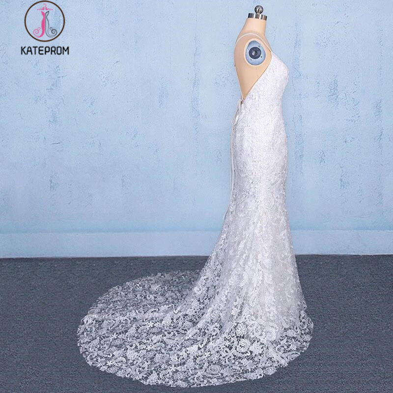 Elegant V Neck Lace Wedding Dresses, Mermaid Backless Lace Bridal Dress KPW0490