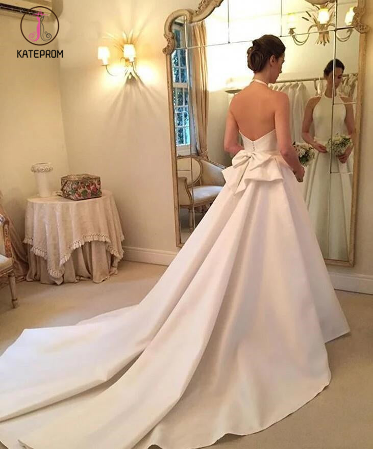 A Line Halter Satin Wedding Dress, Simple Backless Sleeveless Bridal Dress with Bow KPW0326