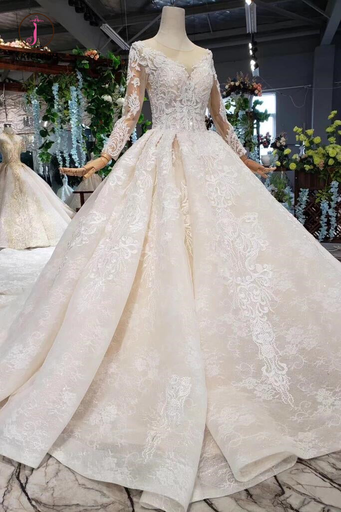Princess Long Sleeves Sheer Neck Ball Gown Lace Wedding Dresses, Long Bridal Dress KPW0398