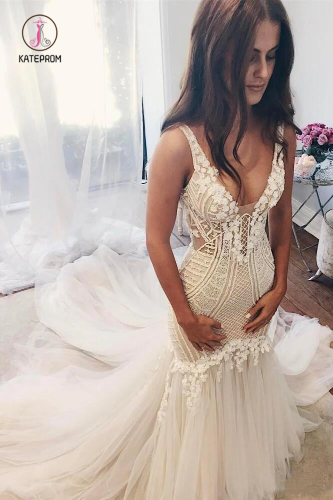 Vintage Mermaid Wedding Dresses, V Neck Backless Tulle Bridal Dress with Train KPW0288