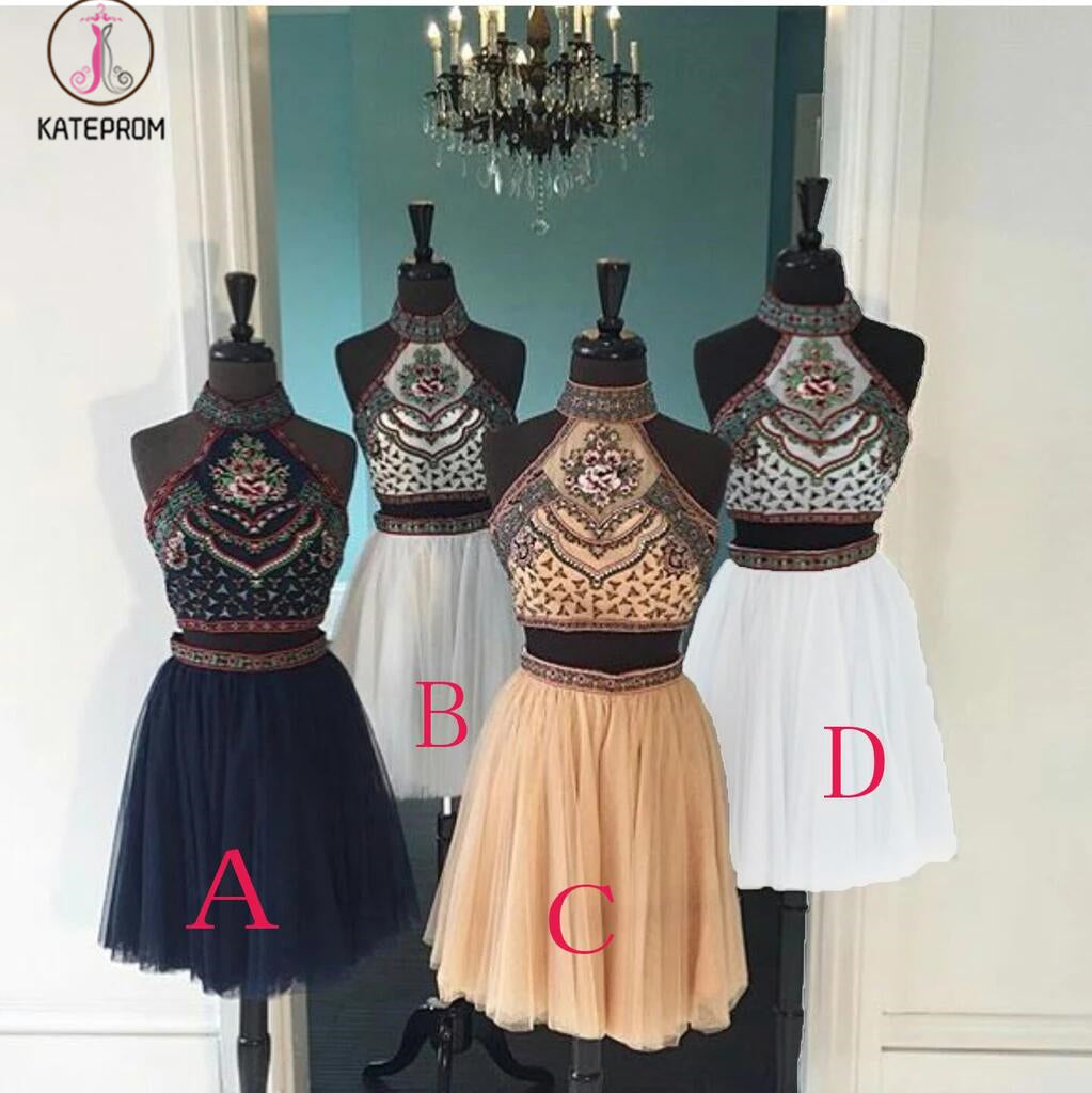 White A-line High Neck Two Piece Mini Tulle Homecoming Dress with Embroidery KPH0119