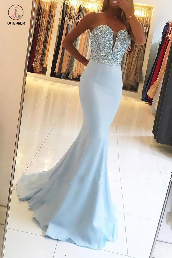 Light Blue Mermaid Strapless Beading Sleeveless Sweep Train Prom Dresses KPP0323