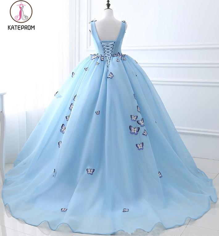 Sky Blue V-neck Butterfly Flowers Ball Gowns Long Prom Dress,Puffy Event Gowns KPP0489