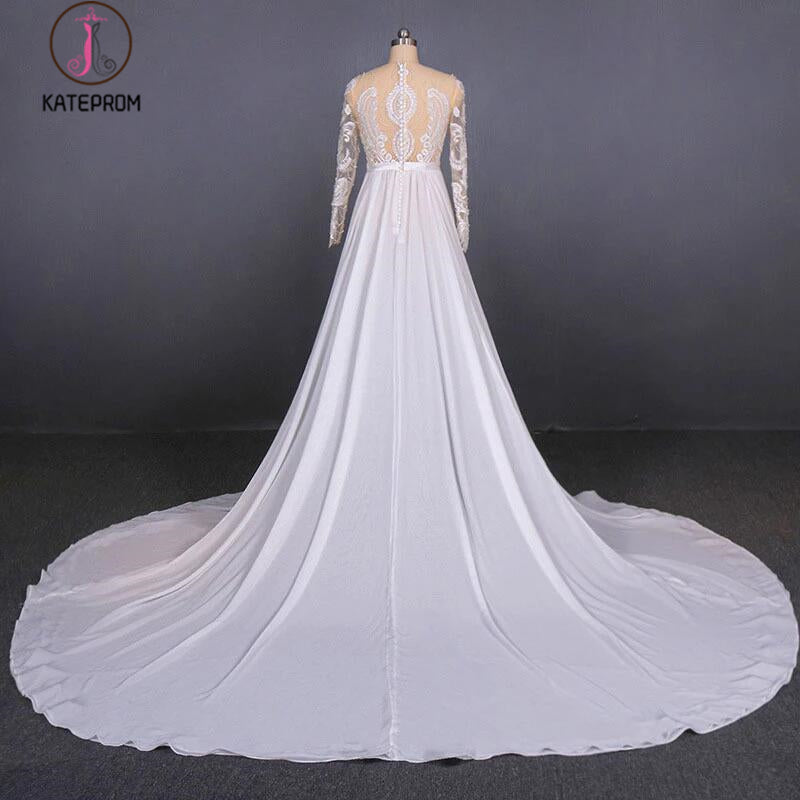 White Long Sleeves Chiffon Wedding Dress with Appliques, Gorgeous Long Bridal Dress KPW0496