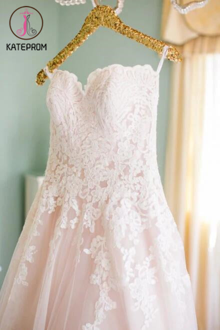 Light Pink Sweetheart Wedding Gown,Tulle Beach Wedding Dress,Lace Appliqued Bridal Dress KPW0045