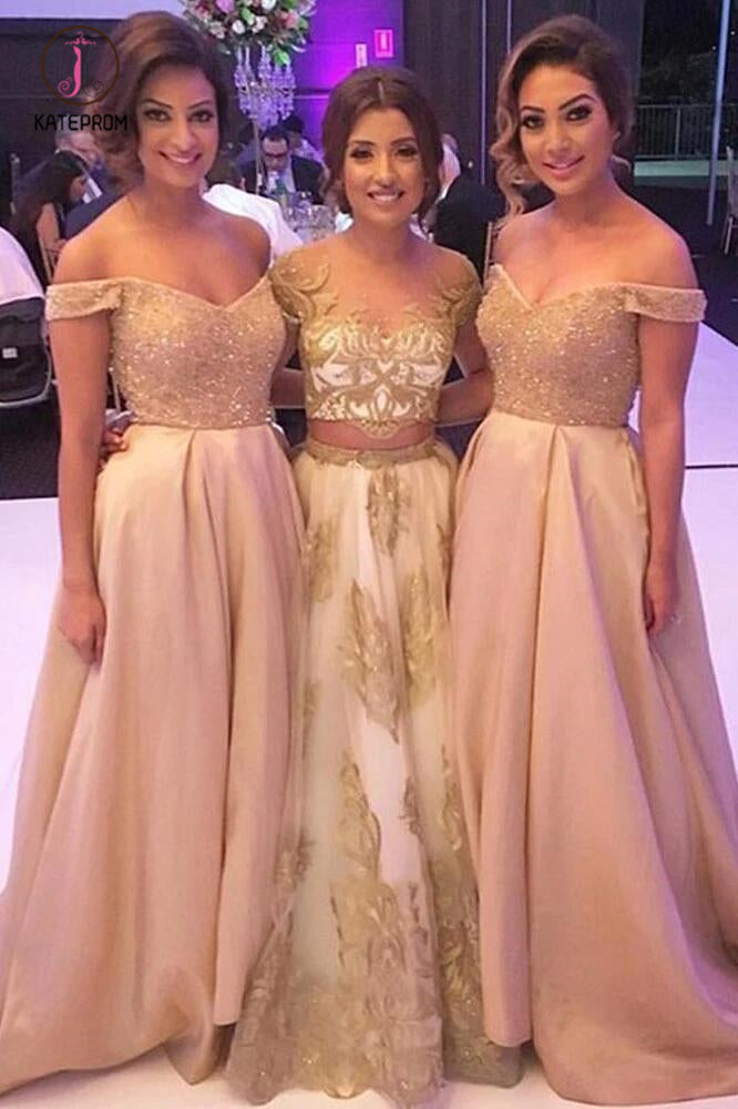 Elegant A Line Off the Shoulder Sweep Train Bridesmaid Dresses with Beading KPB0142