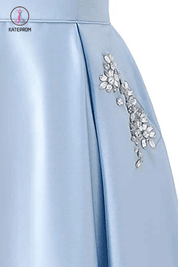 Royal Blue Strapless Bridesmaid Dress with Pockets, A Line Satin Prom Dress with Beads KPB0185