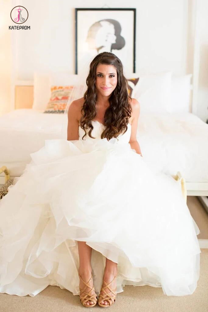 Ivory Sweetheart Long Tulle Wedding Dresses With Ruffles,Beach Wedding Dresses KPW0190