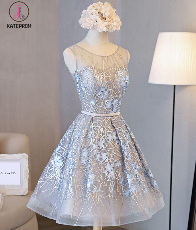 Appliqued A line Tulle Lace Short Prom dress,Sleeveless Homecoming Dresses with Belt KPH0233
