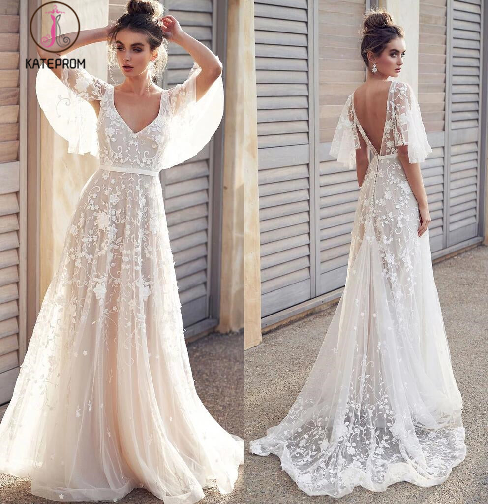 Ivory V Neck Beach Wedding Dresses with Lace Appliques, Romantic Backless Bridal Dresses KPW0506