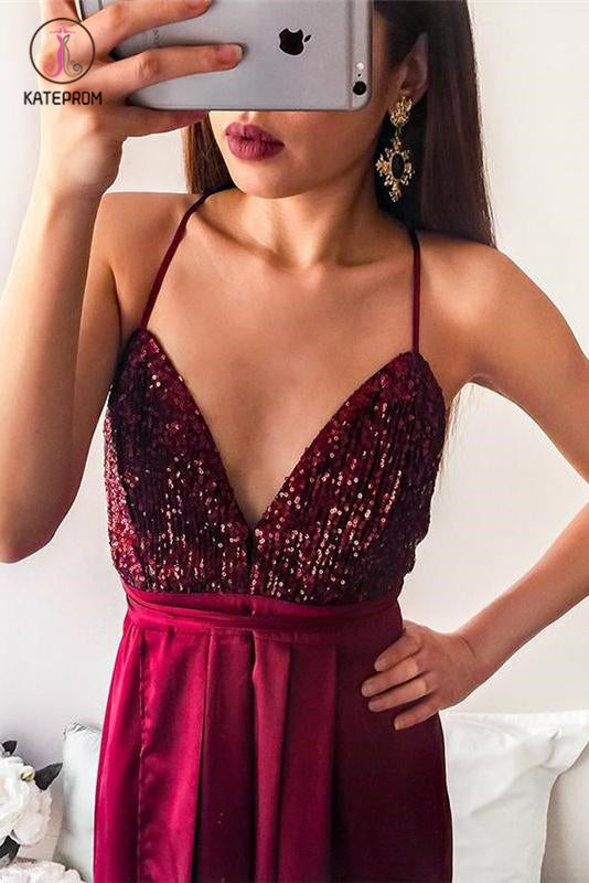 Spaghetti Strap Sequin Top Side Slit Prom Dresses, Floor Length Sparkly Prom Dresses KPP0538