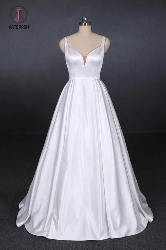 Simple Straps White Satin Wedding Dresses, Floor Length Satin Backless Bridal Dresses KPW0498