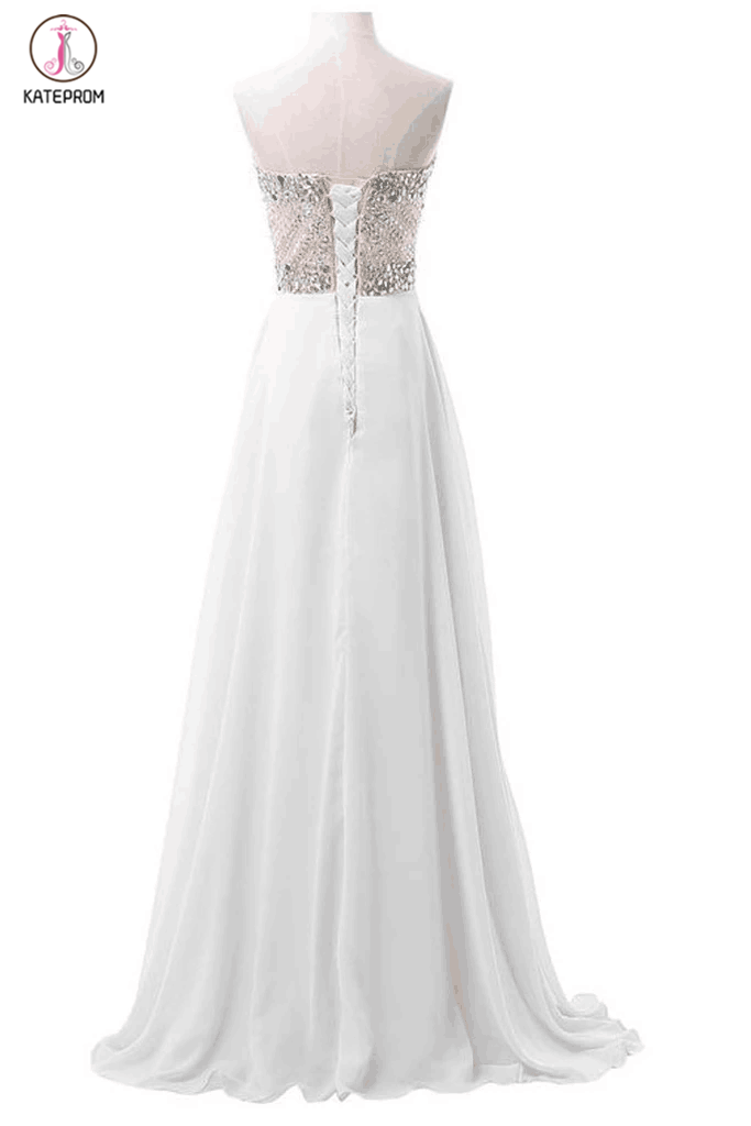 White Chiffon Sweetheart Beaded Long Prom Evening Dresses KPP0065