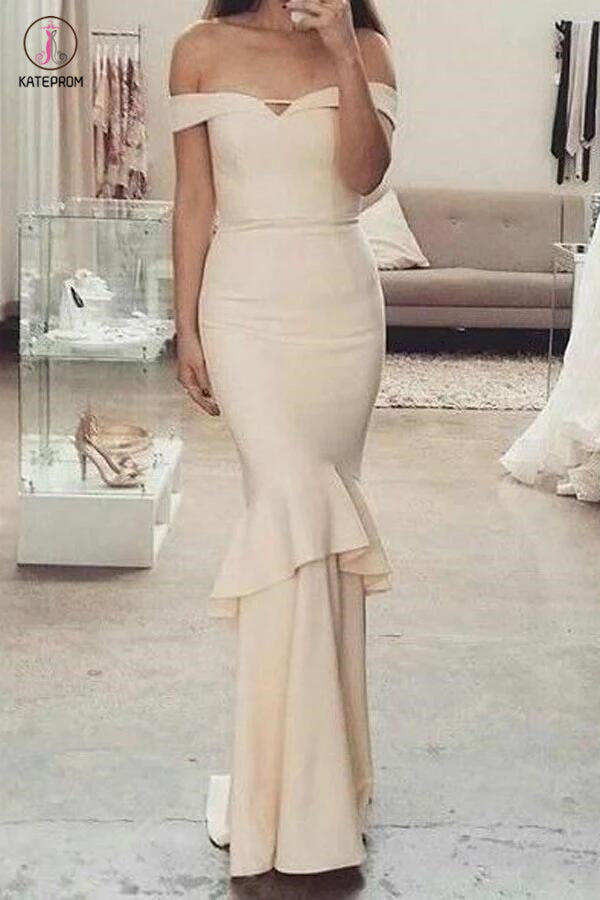 Glamorous Beige Mermaid Off-the-Shoulder Long Bridesmaid Dress with Ruffles KPB0079