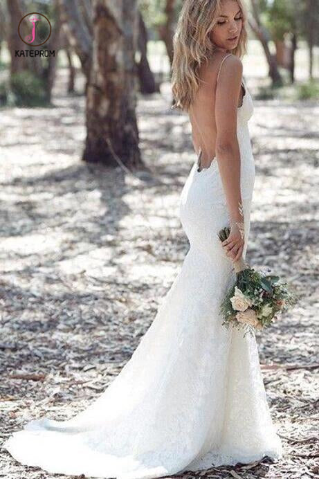 Spaghetti Strap Lace Beach Wedding Dress, Backless V Neck Sweep Train Long Bridal Dress KPW0317