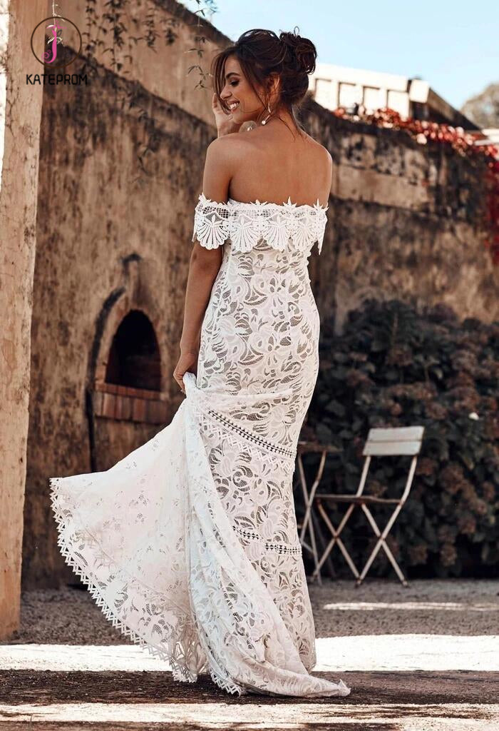 Charming Off the Shoulder Lace Bridal Dress, Boho Wedding Dress, Beach Wedding Dress KPW0439