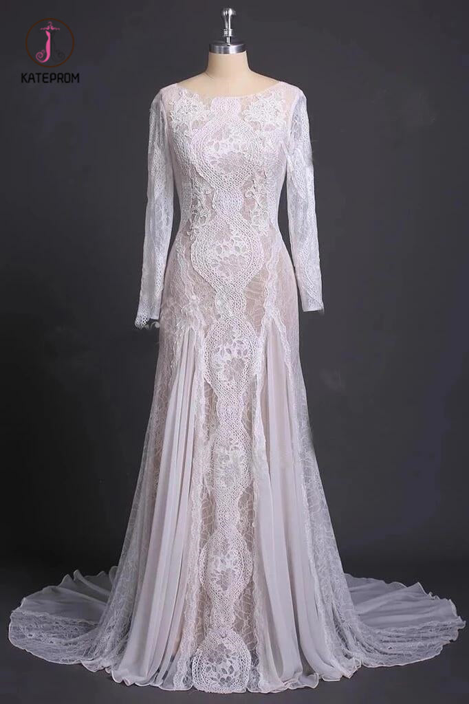 Column Lace Bridal Dress, Long Sleeves Backless Boho Beach Wedding Dresses KPW0412