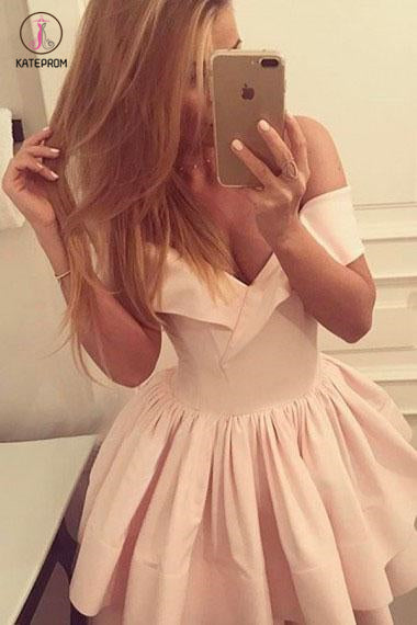 Pink Off-the-Shoulder Ruffles Satin Homecoming Dress,Party Dresses,Chic Fashion Dresses KPH0242