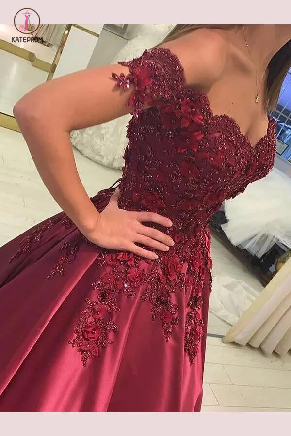 Charming Sleeveless Off-the-Shoulder Applique Satin Floor-Length Prom Dresses KPP0437