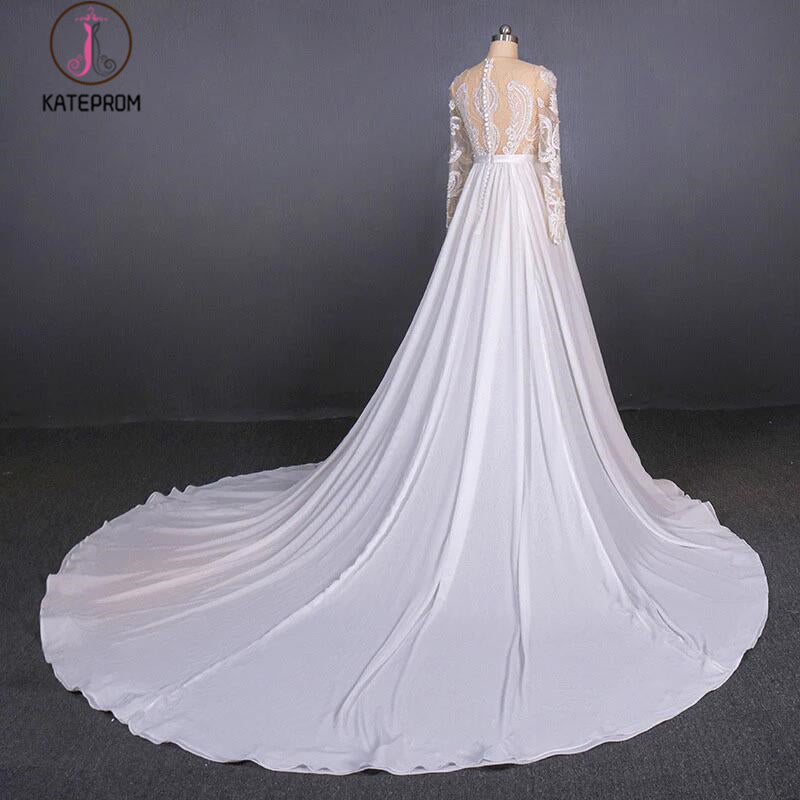 White Long Sleeves Chiffon Wedding Dress with Appliques, Gorgeous Long Bridal Dress KPW0496