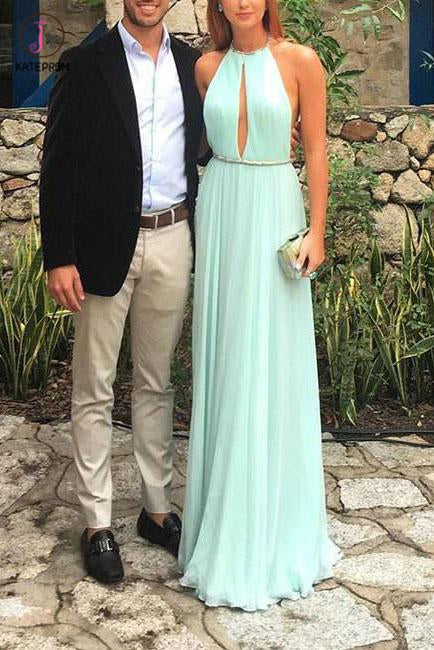 Tiffany Blue Halter Sleeveless Long Chiffon Prom Dress, Sexy Backless Formal Dress KPP0464
