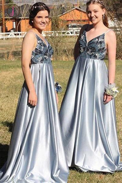 Light Blue Spaghetti Strap Beaded Satin Prom Dress, Sparkly Beading Bridesmaid Dress KPB0169