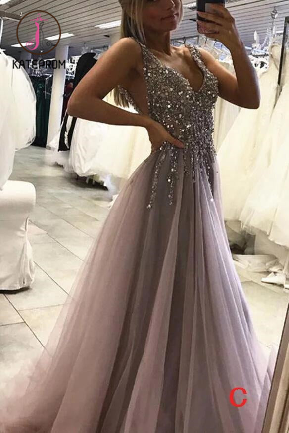 Gray Deep V-neck Side Slit Prom Dresses,Tulle Sleeveless Formal Dress With Sequins and Beads KPP0131