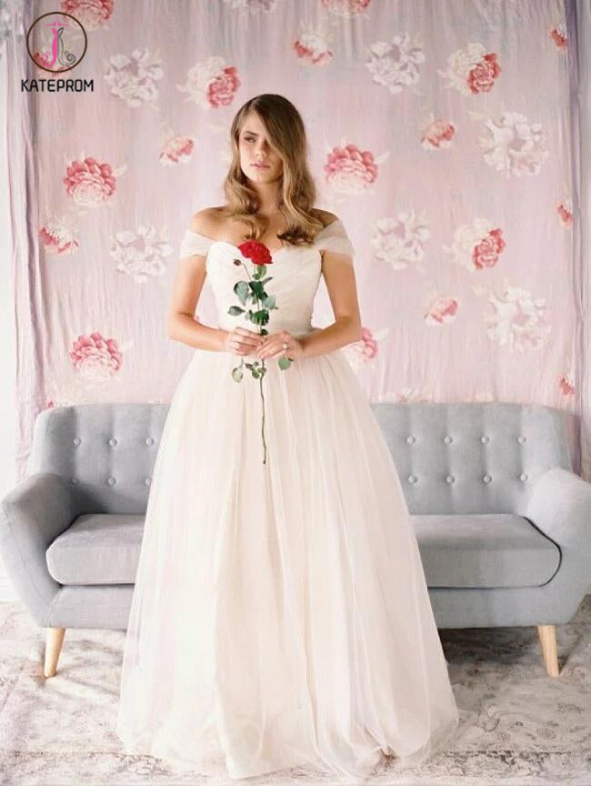 Simple Beach Wedding Dresses,A-Line Off-Shoulder Tulle Bridal Dress,Long Prom Dress KPW0034