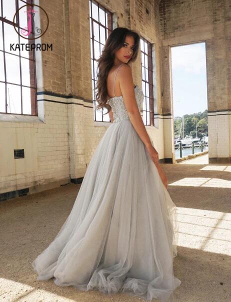 A-Line Spaghetti Straps Sweetheart Tulle Prom Dress,Floor-Length Prom Dresses with Beading KPP0198