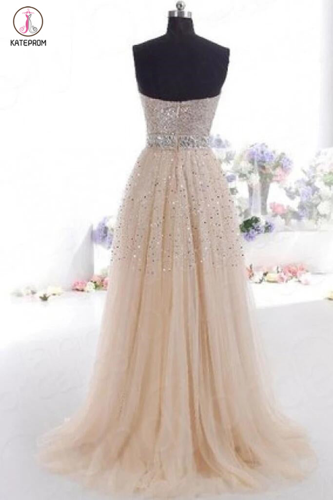 Sexy Strapless Sleeveless Sweetheart Beading Tulle Long Prom Dress KPP0079