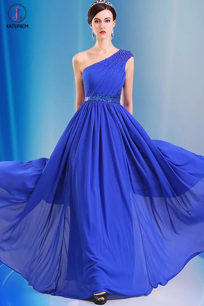 One Shoulder Chiffon Long Royal Blue Simple Prom Dresses KPP0039