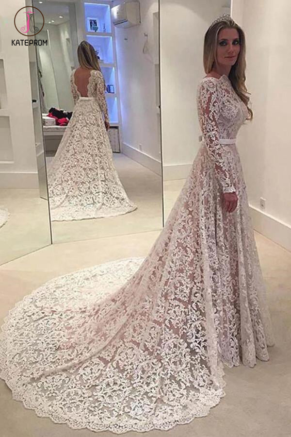 Elegant Ivory A-line Bateau Lace Long Sleeve Backless Wedding Dress With Court Train KPW0089