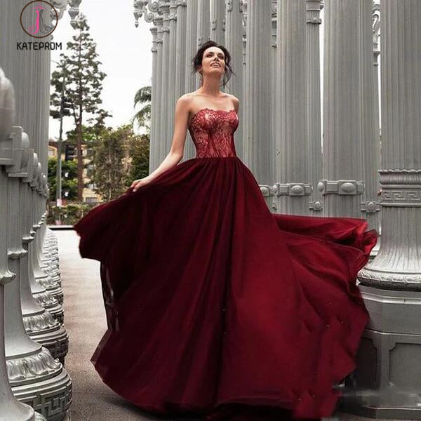 A-Line Strapless Burgundy Long Prom Dress With Lace,Charming Evening Dress KPP0416