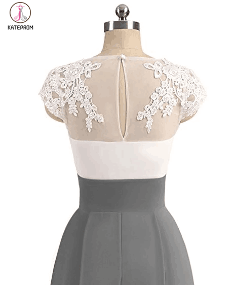 Gray V-neck Cap Sleeves Lace Applique Chiffon Mother of the Bride Dresses KPM0006