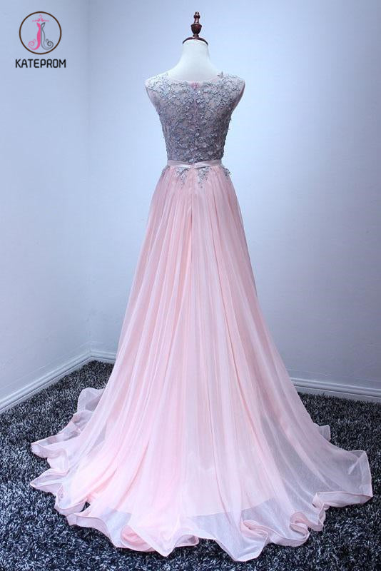 A Line Sleeveless Chiffon Long Appliqued Prom Dress, Pink Formal Dresses KPP0519
