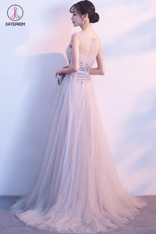 Gray Sleeveless Tulle Long Prom Dress with Beads, A Line Formal Dress with Flowers KPP0510