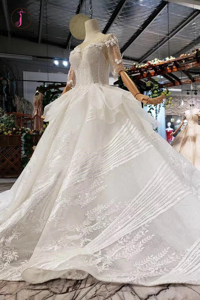 Ball Gown Half Sleeves Lace Bridal Dress with Sequins, Sheer Neck Long Wedding Dress KPW0401