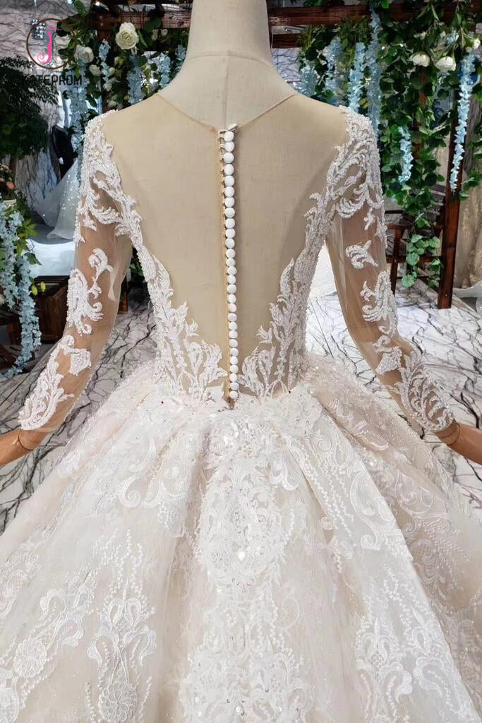 Princess Long Sleeves Sheer Neck Ball Gown Lace Wedding Dresses, Long Bridal Dress KPW0398