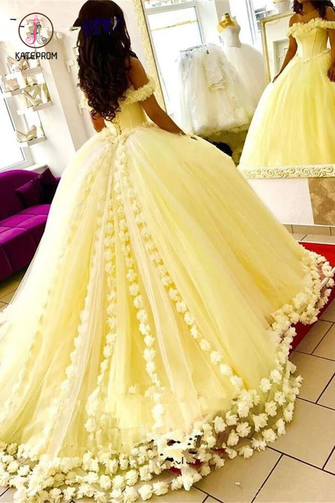Yellow Ball Gown Quinceanera Dresses 3D Flowers Off Shoulder Sweet 16 Princess Prom Gowns KPW0348