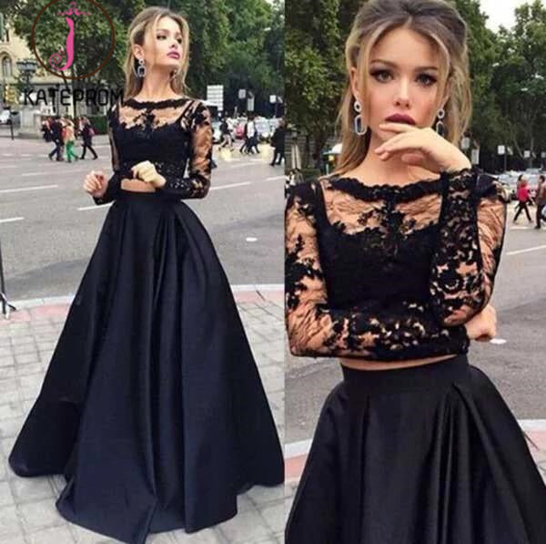 Two Pieces Long Sleeves Lace Top And Satin Prom Dress,Party Dresses KPP0130