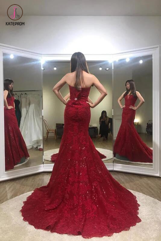 Sexy Trumpet Red Strapless Sweep Train Lace Prom Dress,Long Formal Gown KPP0257