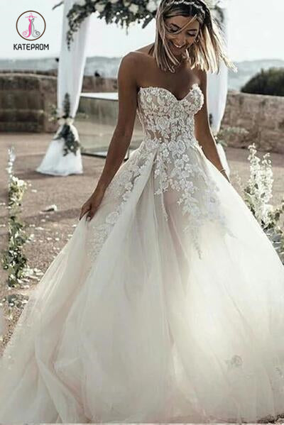 Elegant A Line Sweetheart Tulle Lace Applique Ivory Wedding Dress, Long Prom Dress KPW0350