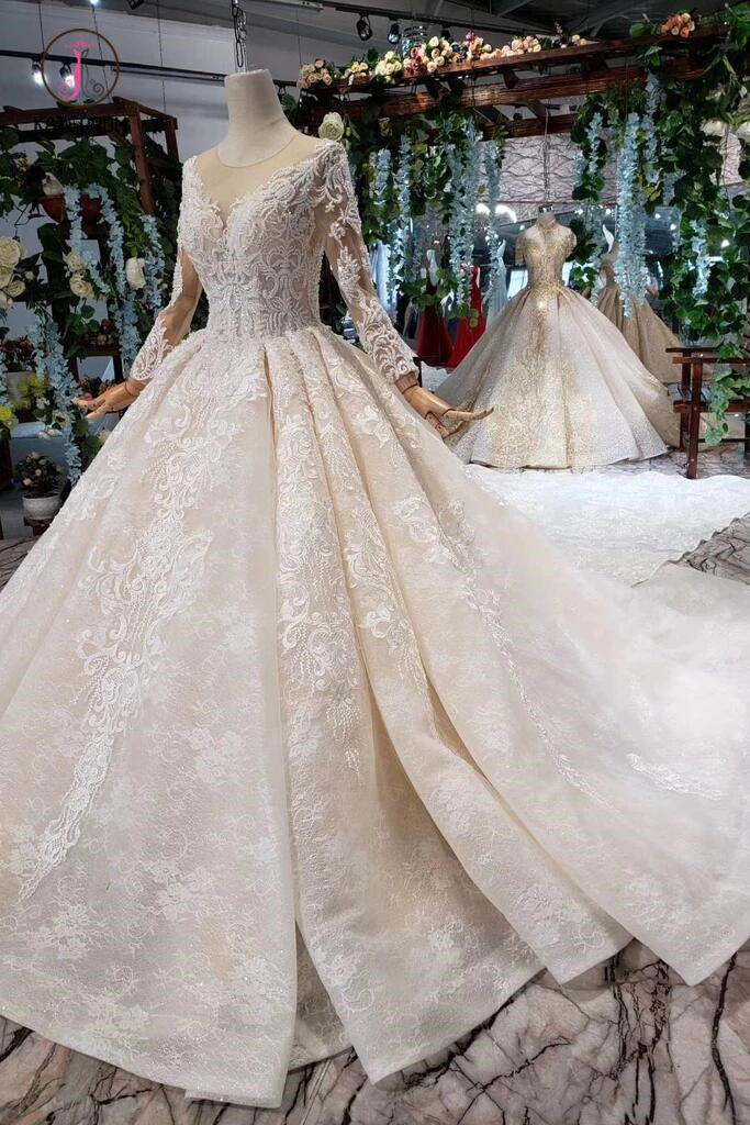 Princess Long Sleeves Sheer Neck Ball Gown Lace Wedding Dresses, Long Bridal Dress KPW0398