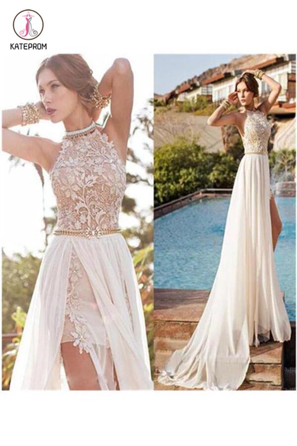 A-line Halter High Neck Lace Ivory Beach Wedding Dress,Prom Dresses KPW0021