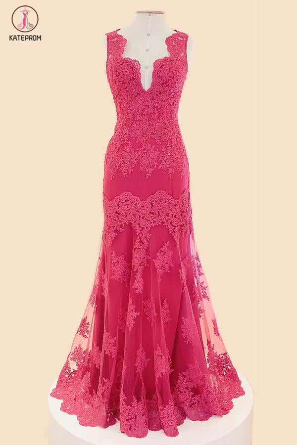 Deep V-neck Fuchsia Mermaid Long Lace Prom Dresses KPP0035