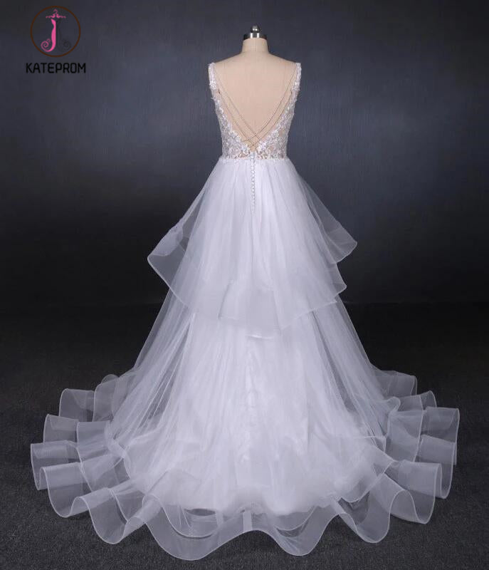 Unique V Neck Sleeveless Tulle Wedding Dresses, Asymmetrical Long Bridal Dresses KPW0470