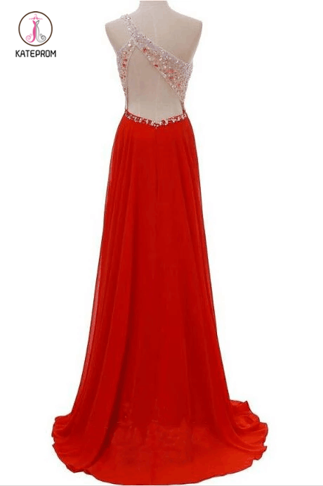 Red One Shoulder A-Line Rhinestone Bodice Chiffon Long Bridesmaid Dress,Prom Gown KPB0100