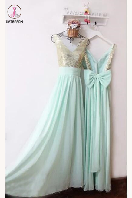 Tiffany Blue V Neck Backless Bridesmaid Dress, Sparkly Prom Dress with Bowknot KPB0135