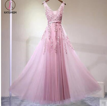 A-Line V-Neck Sleeveless Tulle Prom Dress with Lace Appliques,Long Homecoming Dress KPP0293