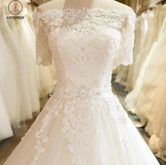 Floor Length Puffy Wedding Dresses Off-the-shoulder Ball Gown Lace Ivory Bridal Gown KPW0262